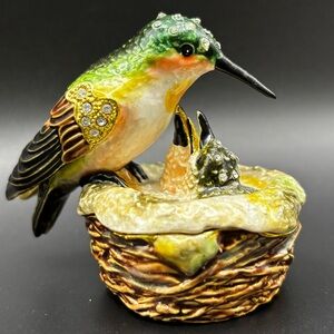 Exquisite Enameled Hummingbird Mama Babies Trinket Box Adorned with Rhinestones